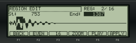 MPC2000 Classic REGION EDIT screen with a waveform, region 2 of 16, St 753 and End 1387