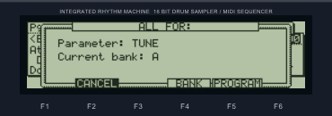 MPC2000XL ALL FOR dialog for the TUNE parameter and bank A, with CANCEL, BANK and PROGRAM keys