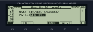 MPC2000XL Assign 16 levels window with Param set to REGIONS and the EDIT and Turn ON keys