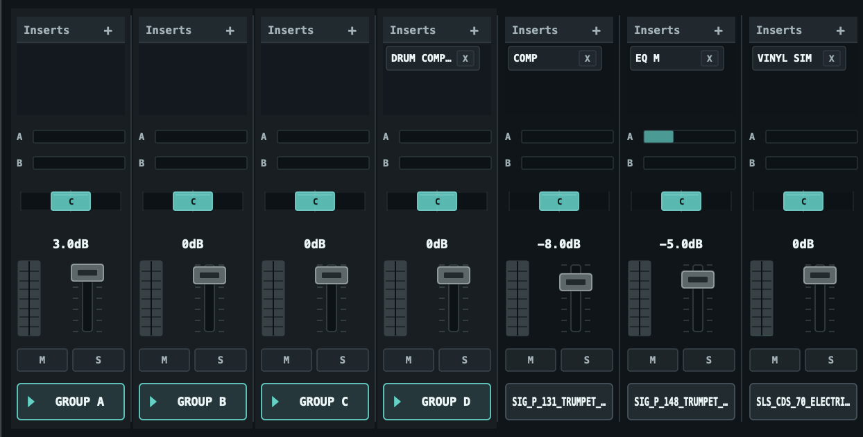 VU Studio mixer with groups, audio tracks, inserts, sends, and master