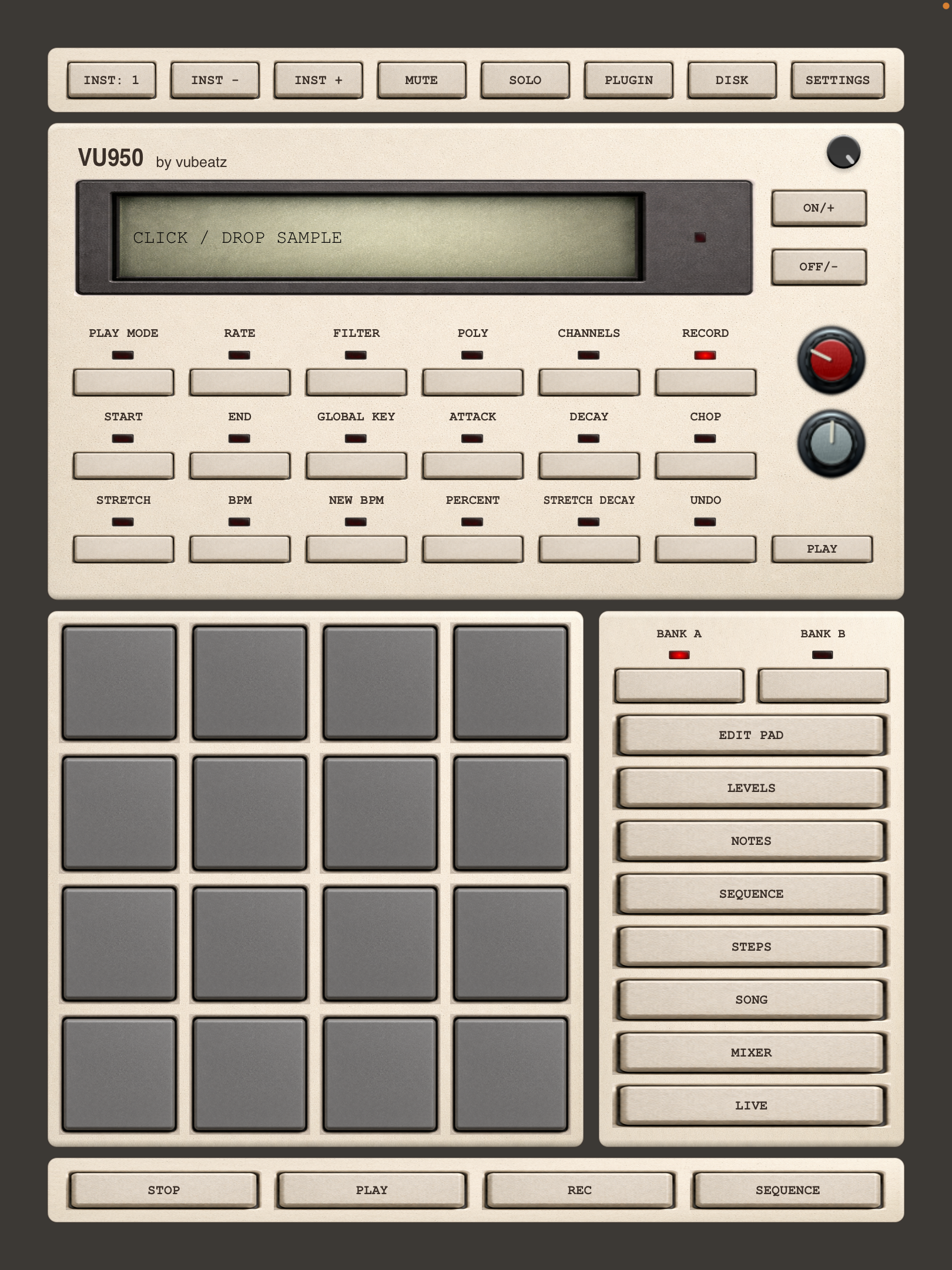 Full VU950 app view — plugin panel, pads and transport