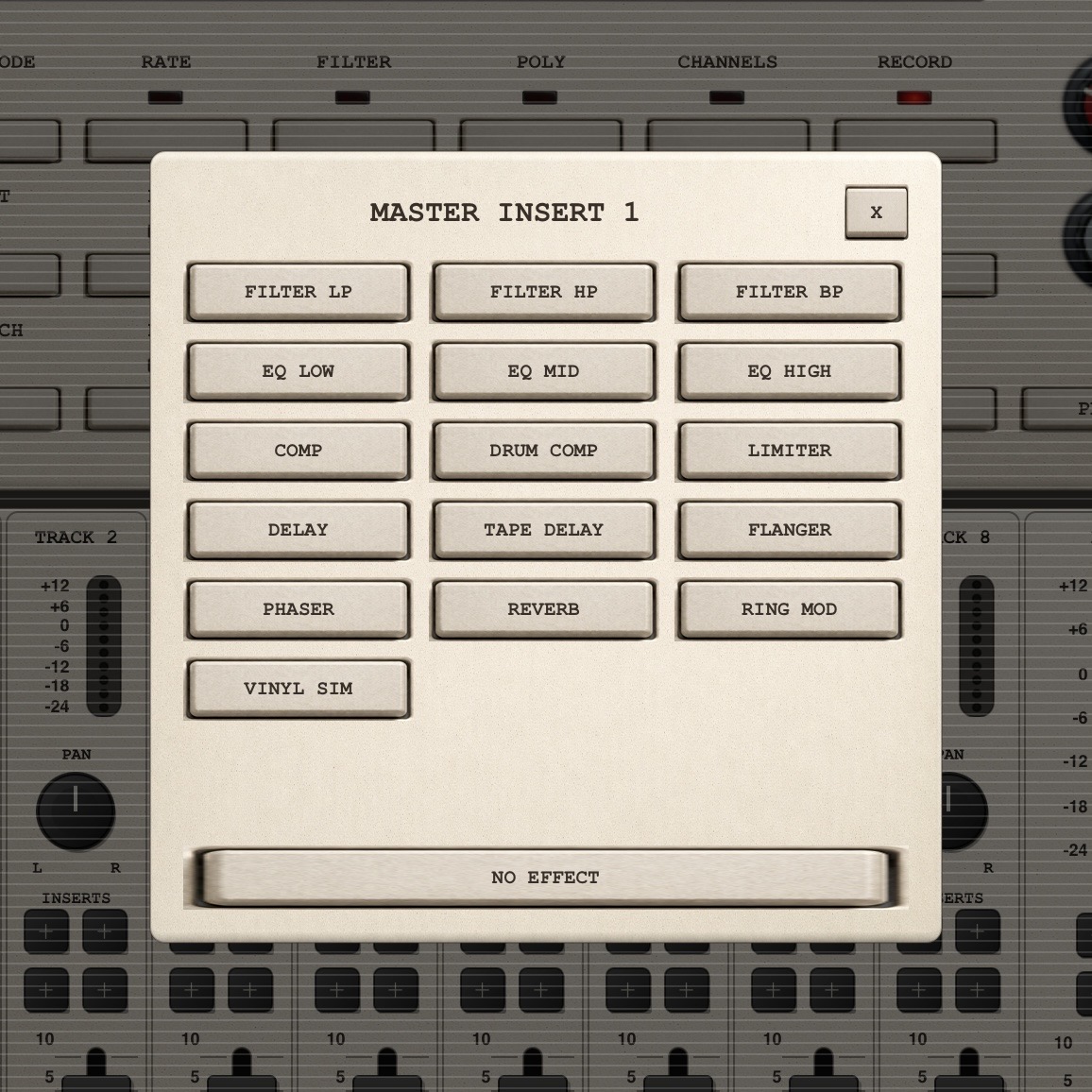 Insert effect picker modal with a list of effects