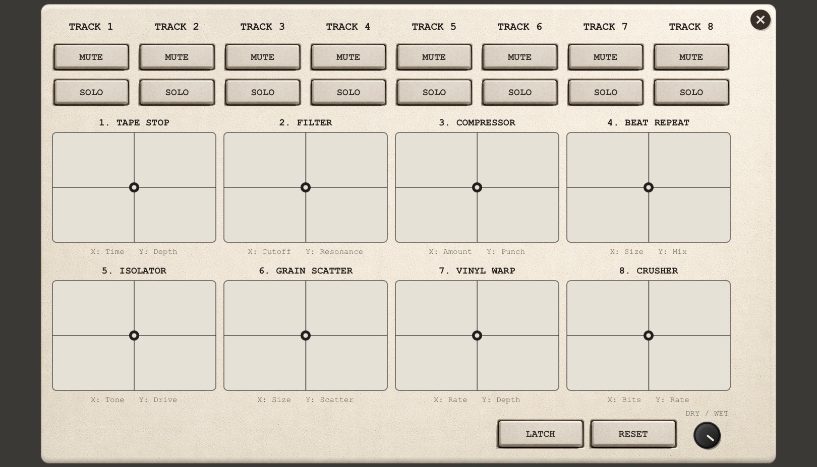 Live mode with eight XY effect pads