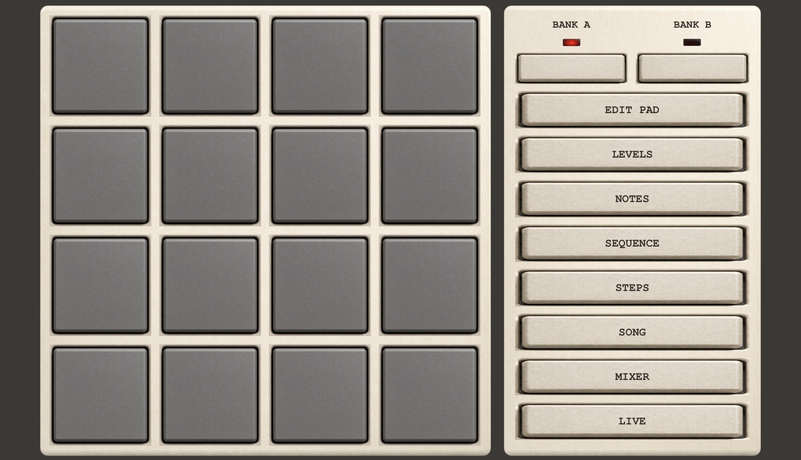 4x4 pad grid with banks and a column of modes
