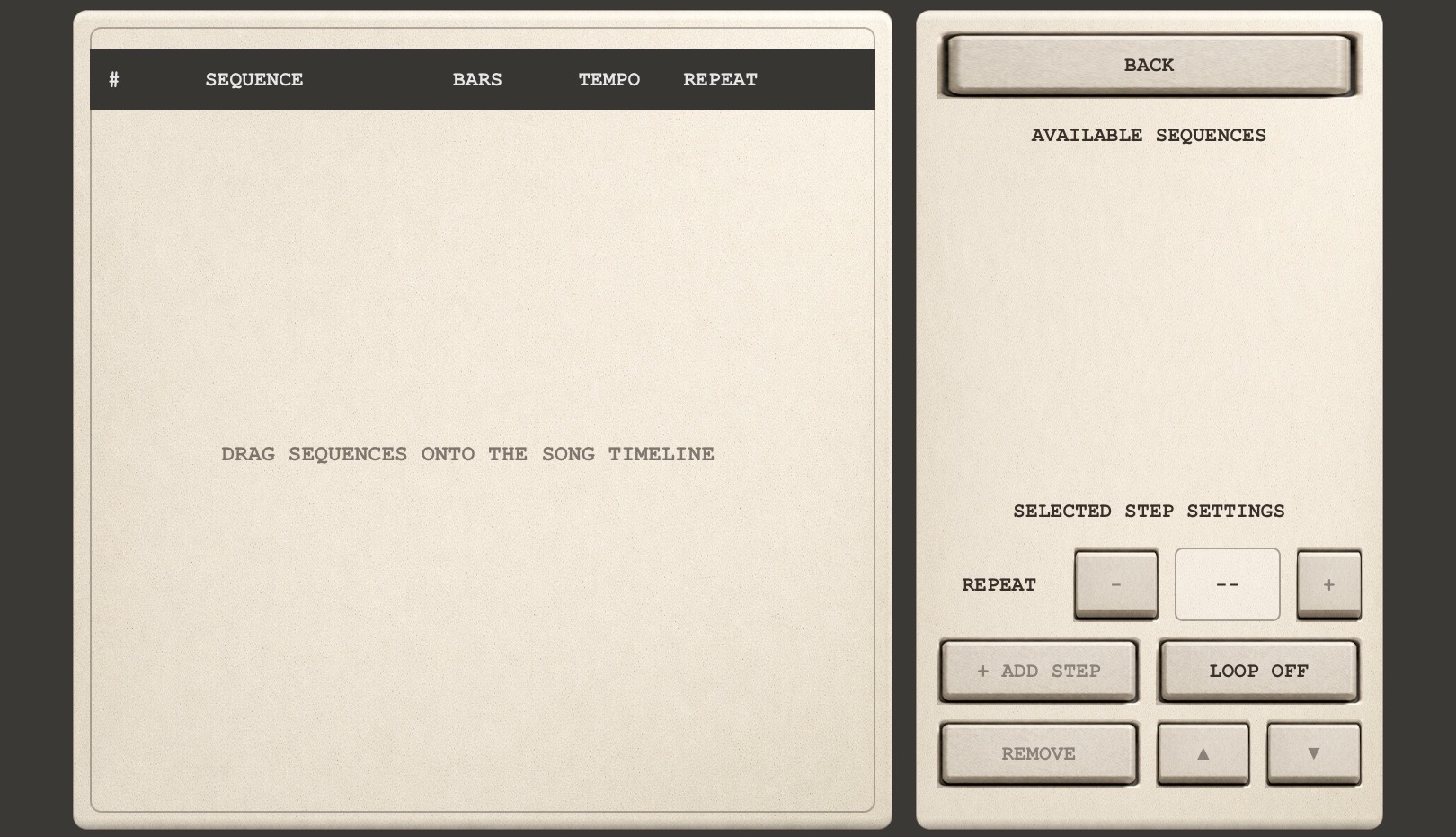 Song mode with a timeline and a list of available sequences
