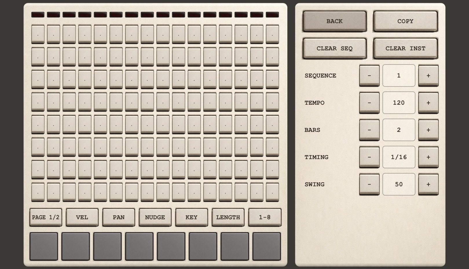 Step sequencer with a step grid and sequence panel